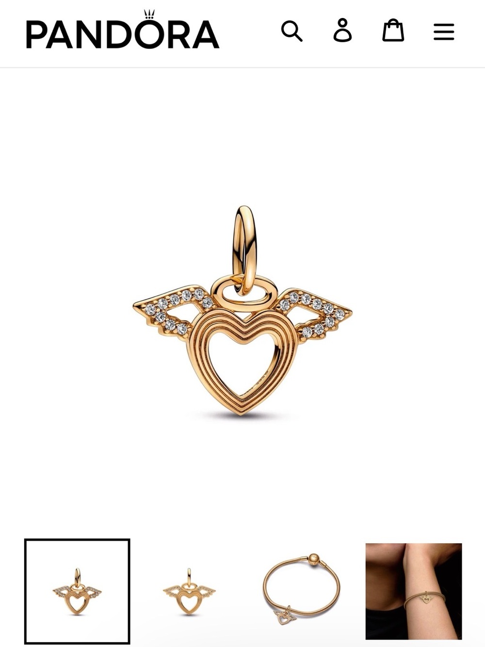 Pandora 14K Solid Gold Heart & Angel Wings Dangle Charm